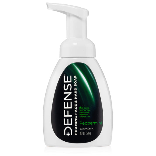Defense Soap front packaging showing peppermint label and bottle benefits