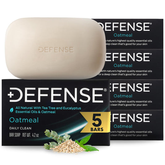 Defense Soap front packaging showing five bars and clear labeling for easy selection