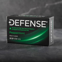 Defense Soap ingredient label detail showing tea tree and eucalyptus