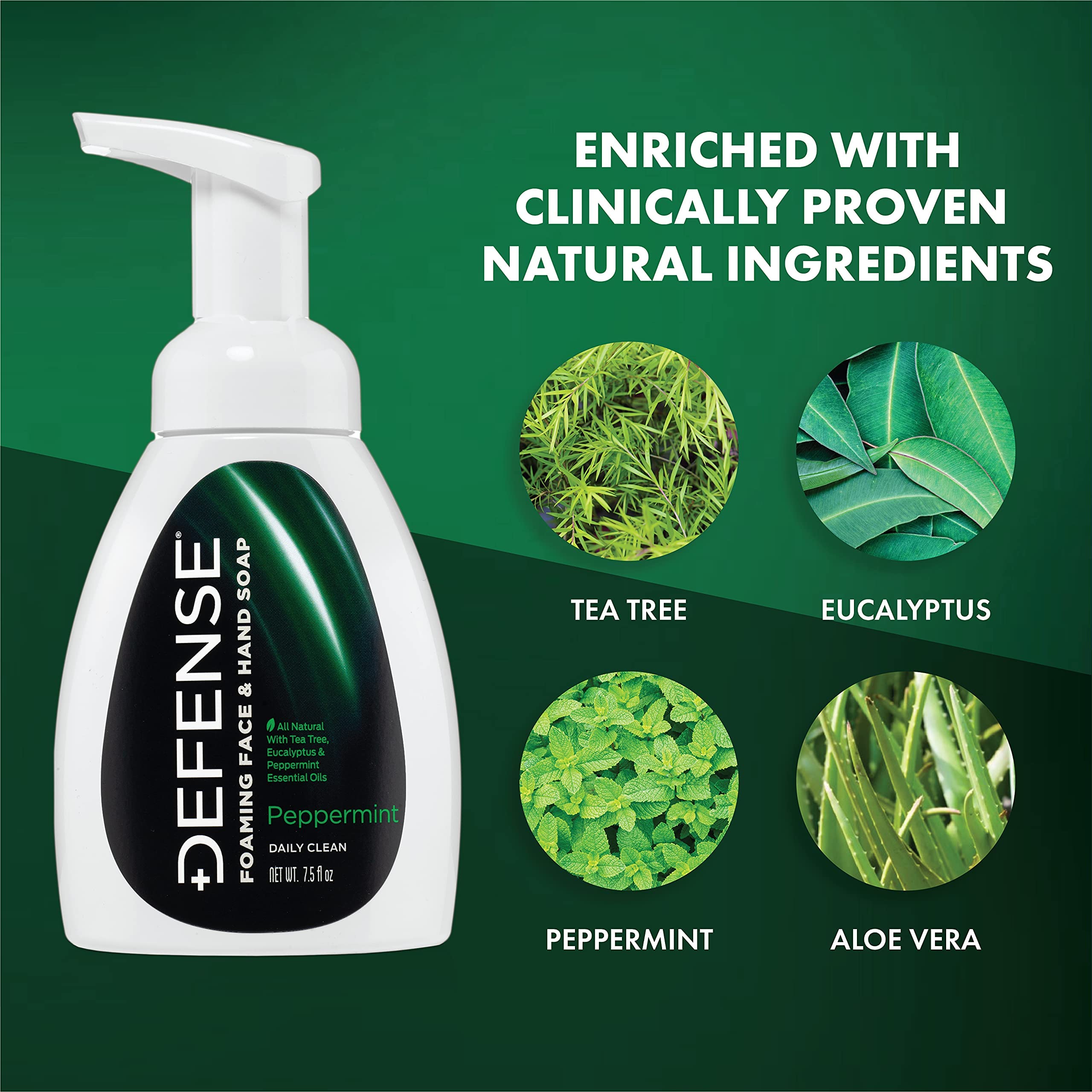 Defense Soap label close-up highlighting tea tree and eucalyptus ingredients