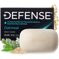 Defense Soap front packaging showing natural oatmeal bar and benefits