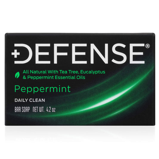Defense Soap peppermint bar front packaging showing brand and natural benefits