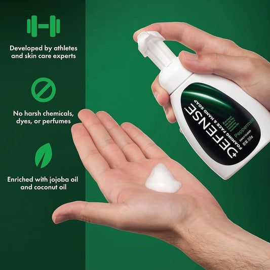 Defense Soap pump dispensing foam demonstrating quick coverage and cleanliness
