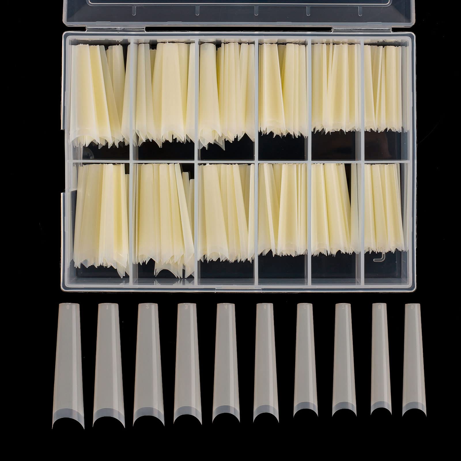 Defuber front packaging showing 240 natural ballerina tips and clear box for easy selection