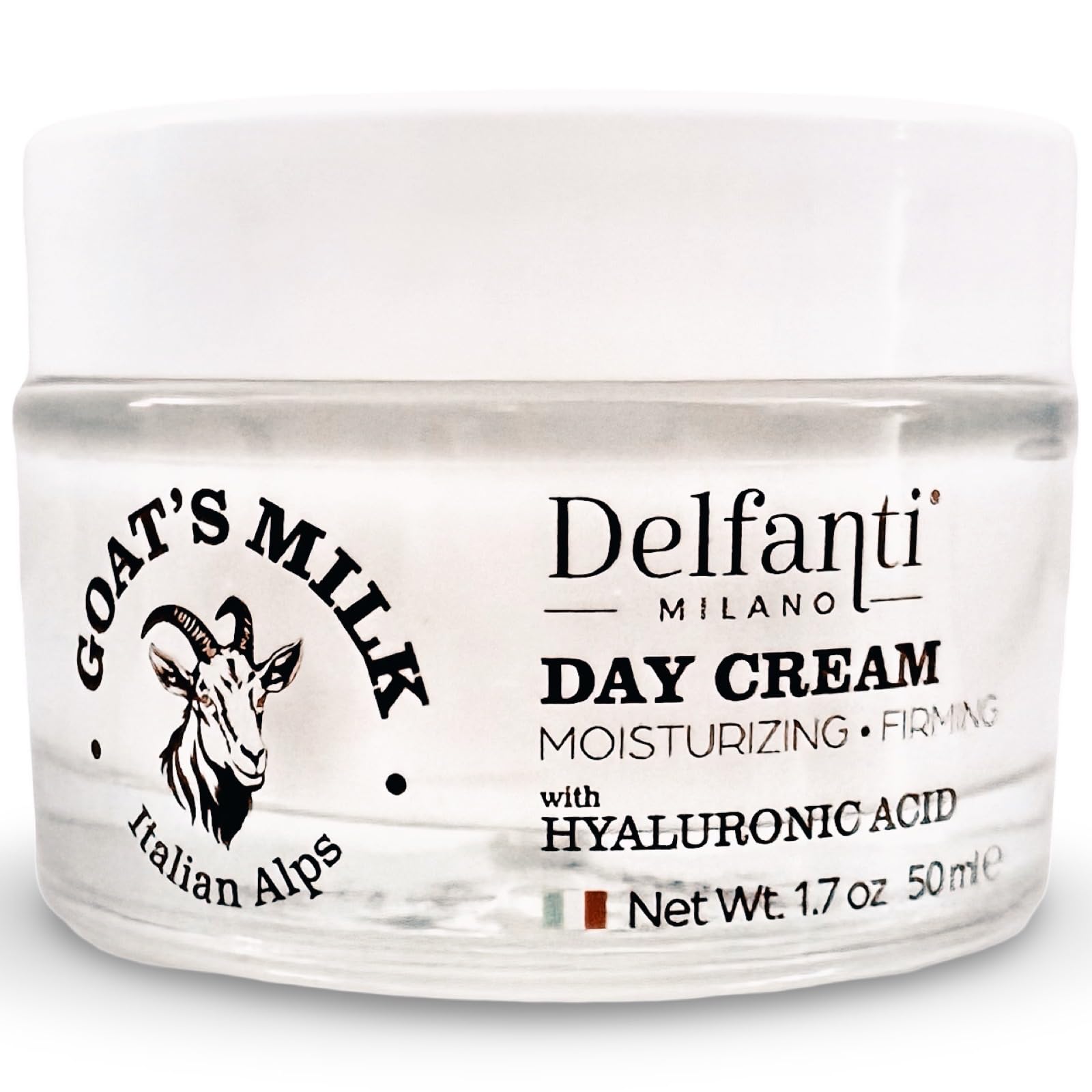 Delfanti-Milano jar front view showing label and hydrating cream benefits