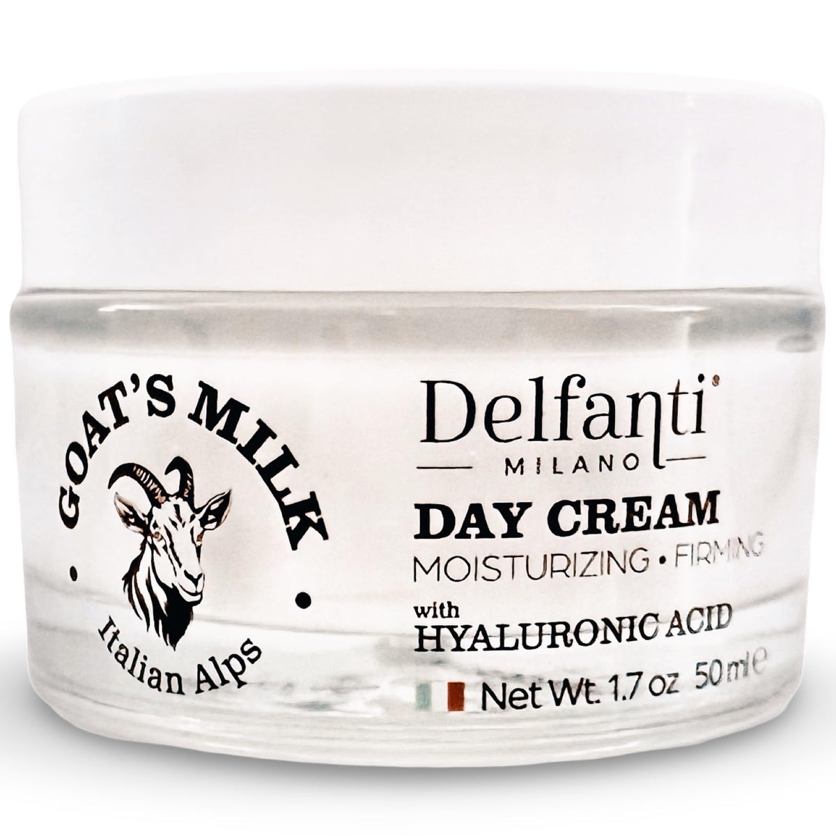 Delfanti-Milano jar front view showing label and hydrating cream benefits