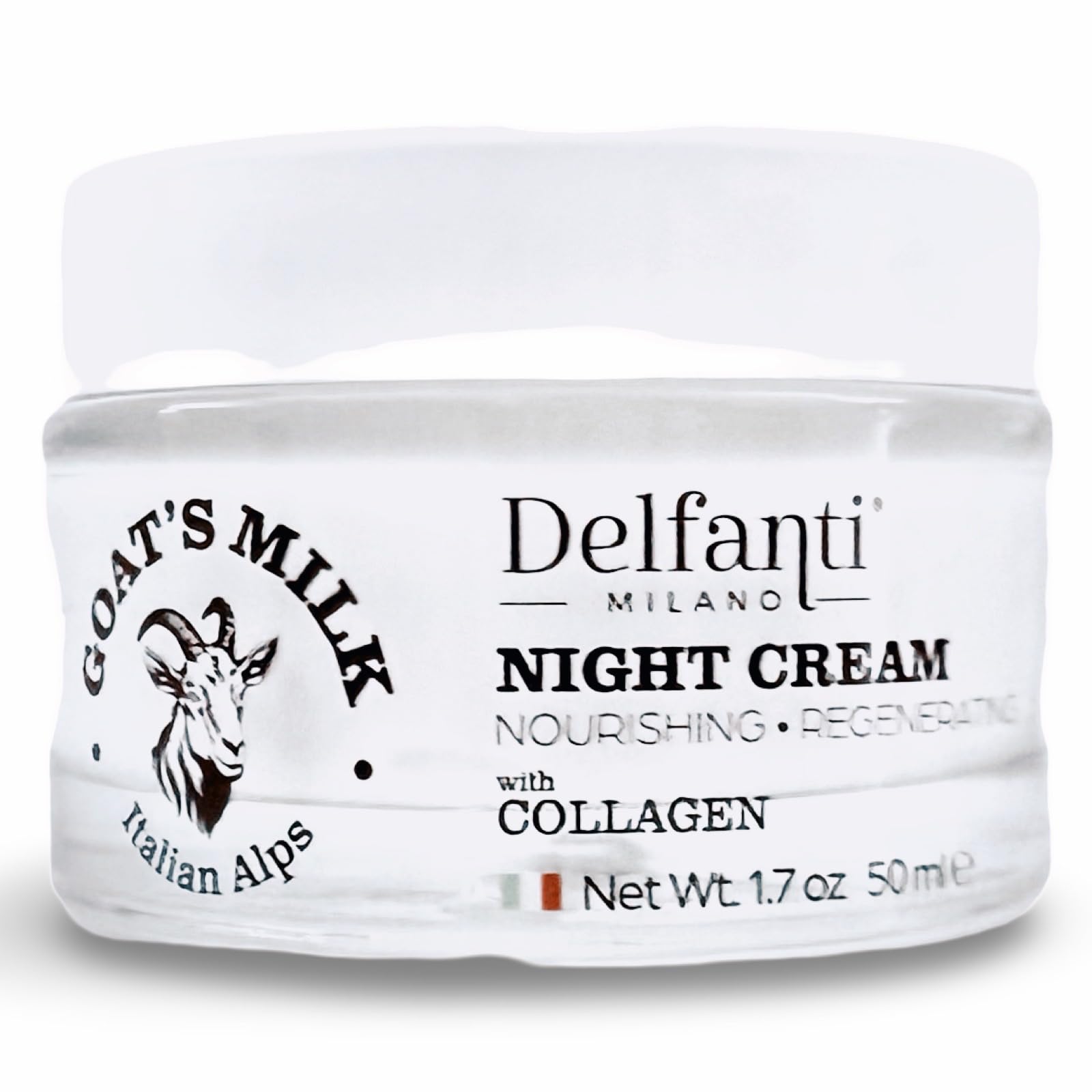 Delfanti-Milano night cream jar front view showing nourishing texture and Made in Italy quality