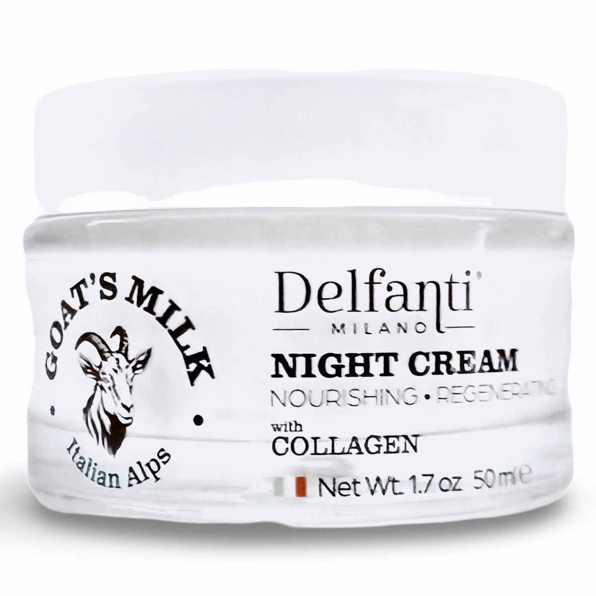 Delfanti-Milano night cream jar front view showing nourishing texture and Made in Italy quality
