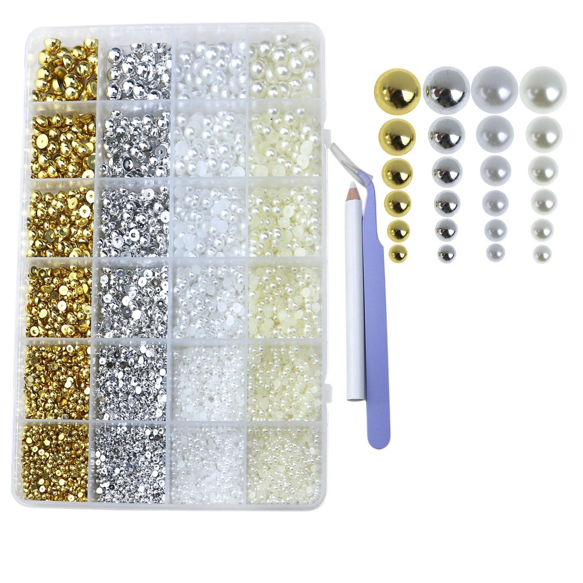 Delgoash front box open showing organized pearl compartments and included tweezers for easy craft setup
