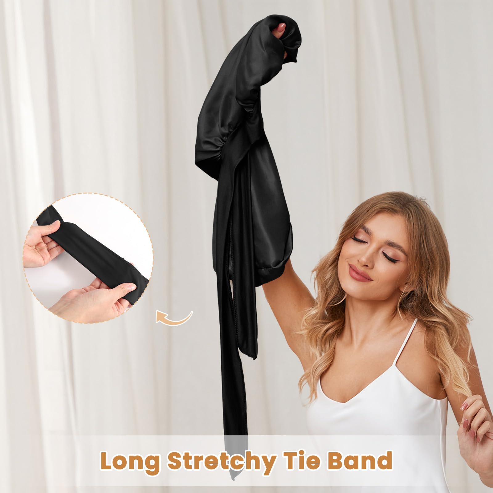 DEMAZALO bonnet worn by woman in bed protecting curls overnight