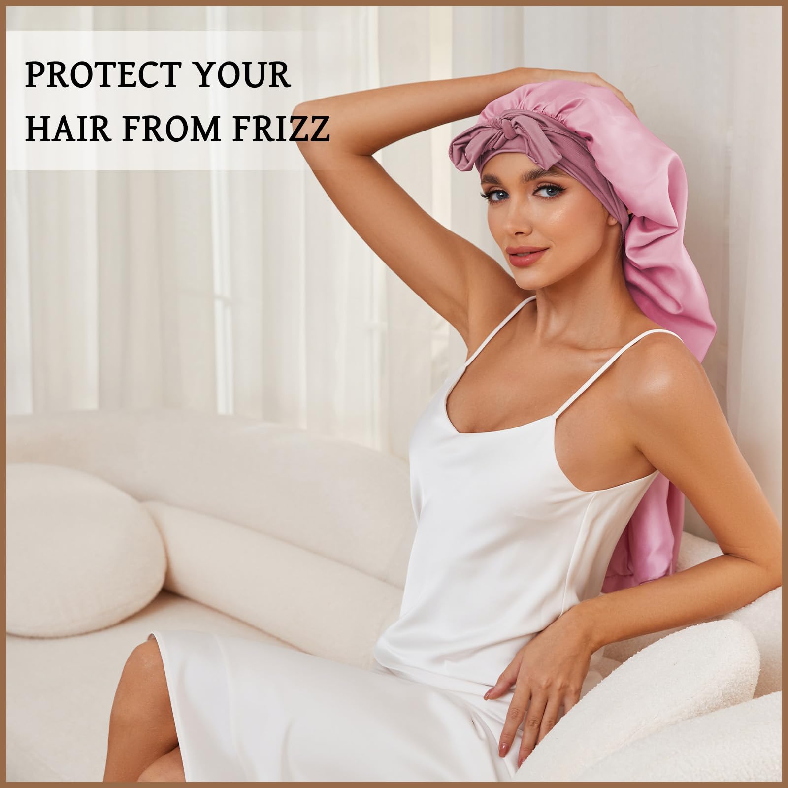 DEMAZALO bonnet worn with long braids showing tangle-free overnight benefit