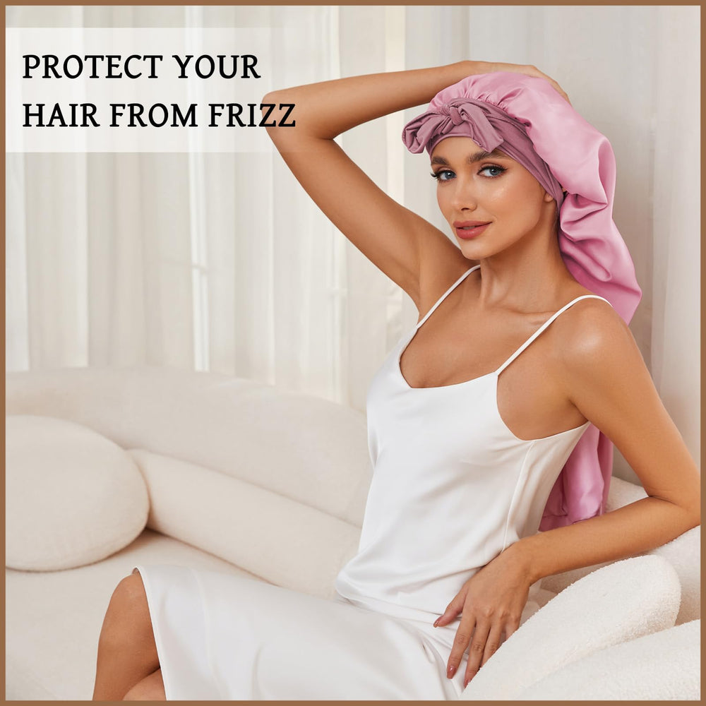 DEMAZALO bonnet worn with long braids showing tangle-free overnight benefit