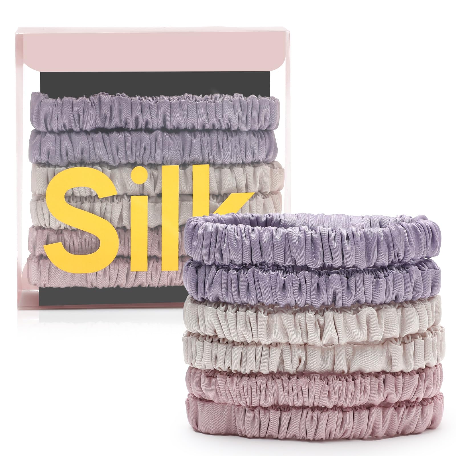 DEMAZALO front packaging showing six silk scrunchies and gift box, elegant presentation benefit