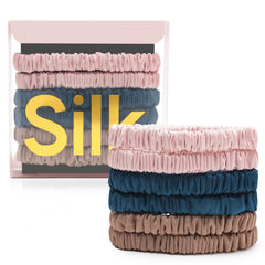 DEMAZALO front packaging showing six silk scrunchies, elegant storage benefit