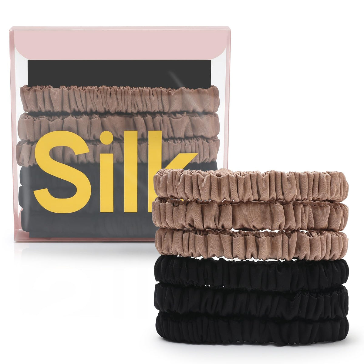 DEMAZALO front packaging showing six silk scrunchies and neat box, elegant gift-ready