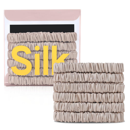 DEMAZALO front packaging showing six silk scrunchies and gift box, elegant presentation