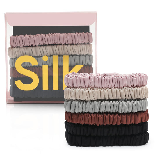 DEMAZALO front packaging showing six silk scrunchies and gift box, elegant presentation benefit