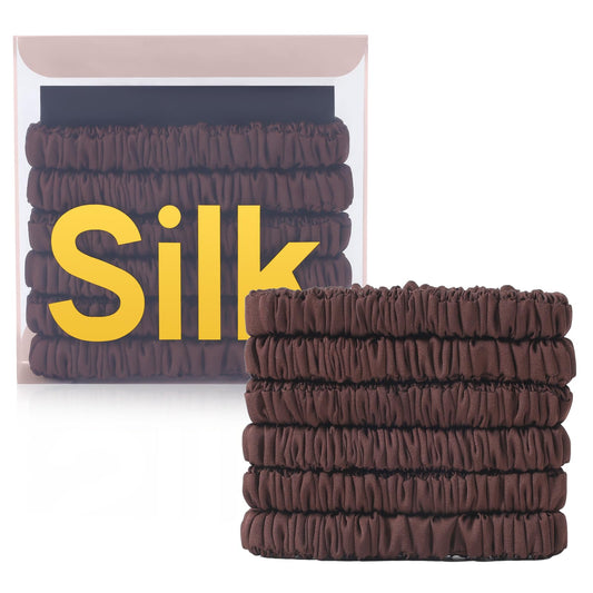 DEMAZALO front packaging of six silk scrunchies showing set and box, elegant presentation benefit