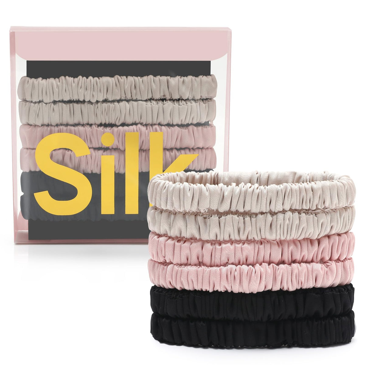 DEMAZALO front packaging with six silk scrunchies, neat gift presentation and value