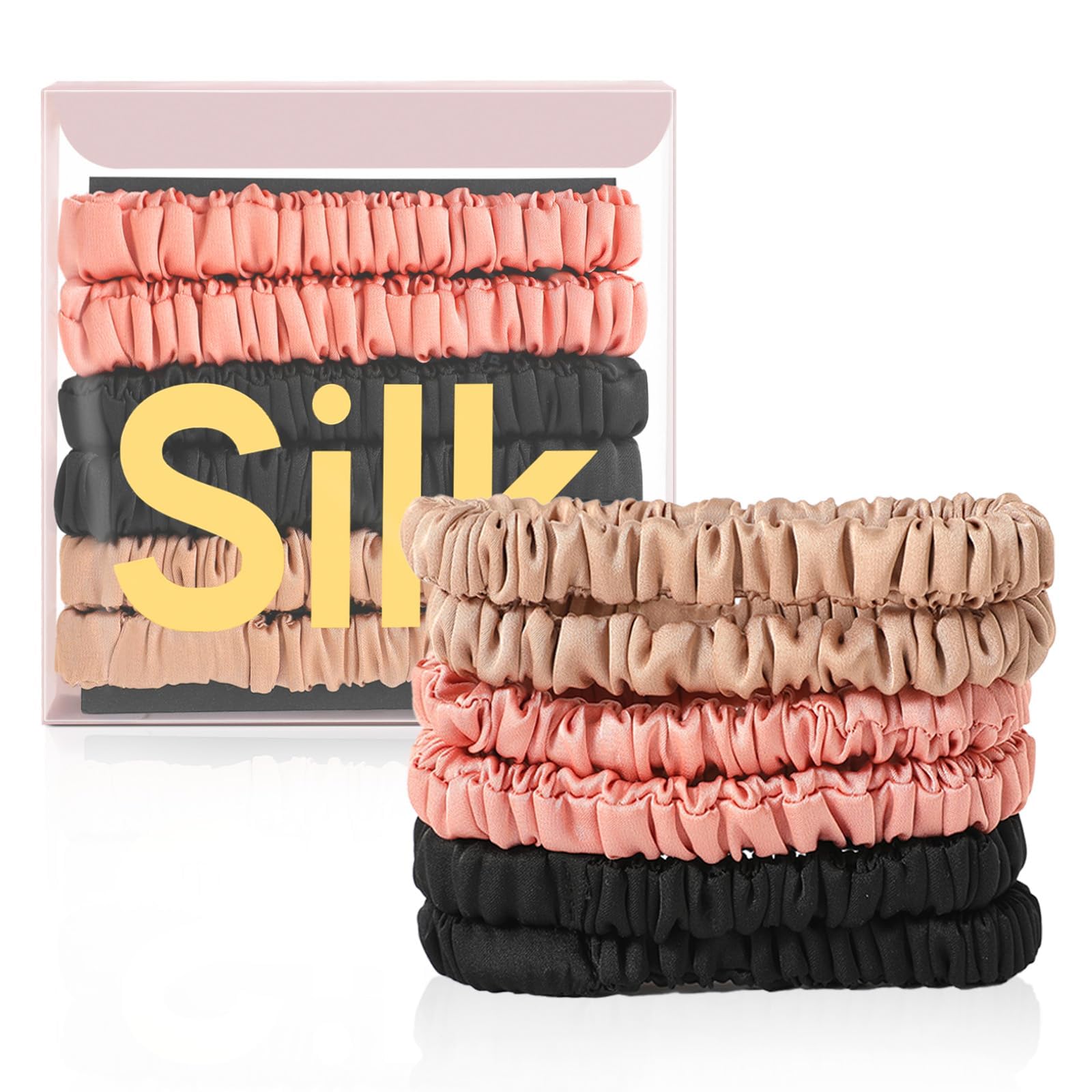 DEMAZALO front view of boxed six silk scrunchies, elegant gift-ready presentation