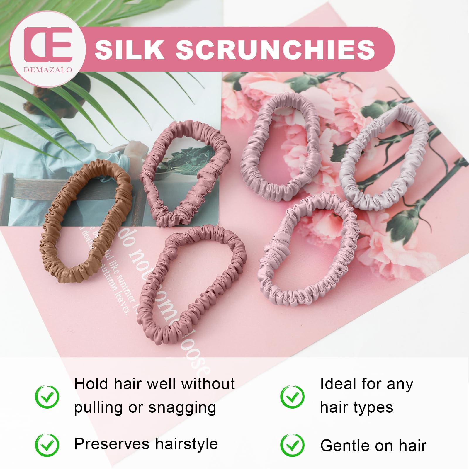 DEMAZALO scrunchie held in hand showing size for easy carrying and styling