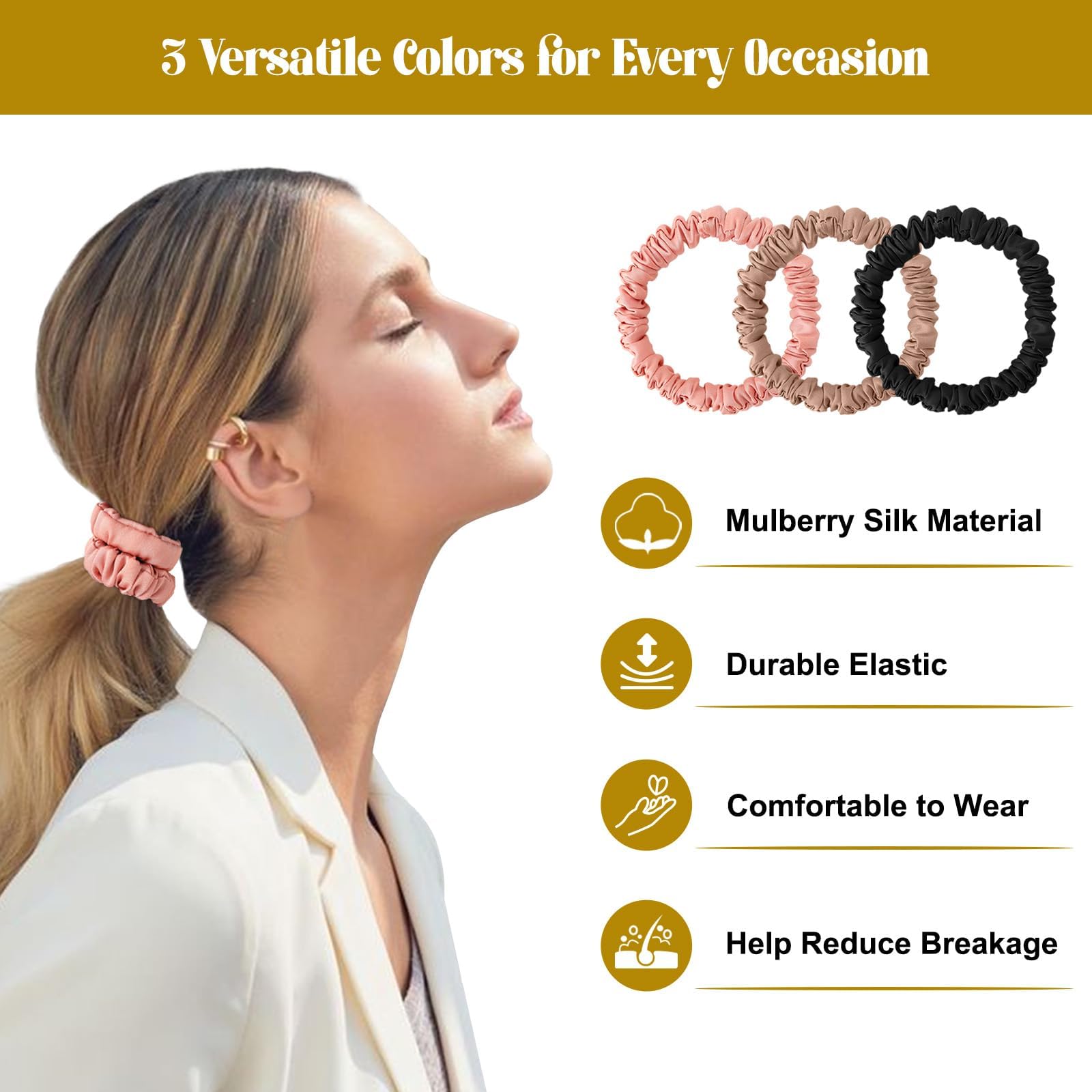 DEMAZALO scrunchies held in hand to show size and lightweight convenience