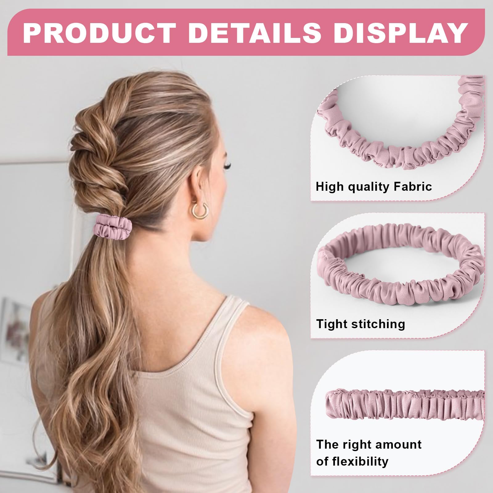 DEMAZALO scrunchie on ponytail in use demonstrating no creases and comfortable wear