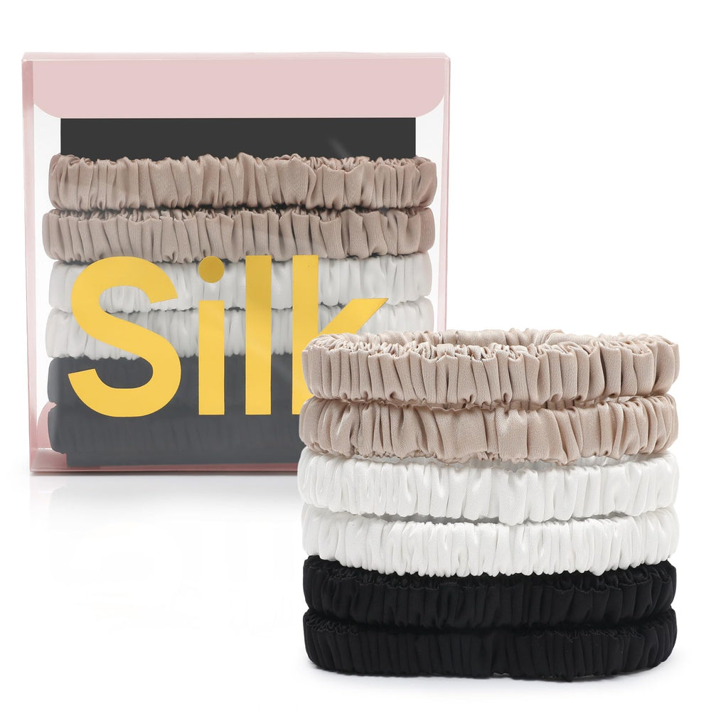 DEMAZALO front packaging showing six silk hair ties and gift box benefit elegant storage