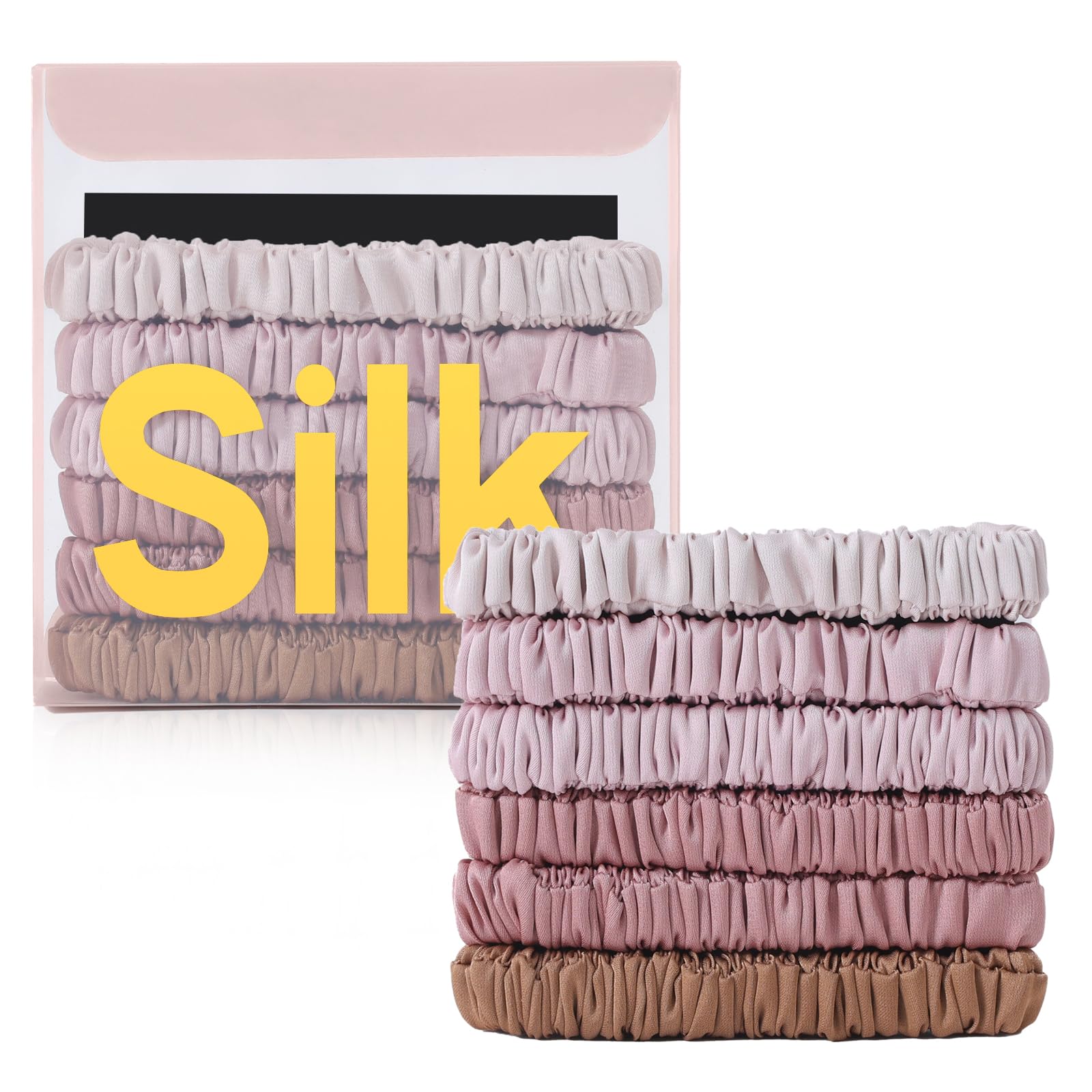 DEMAZALO silk scrunchies flat lay showing three neutral colors and soft appearance
