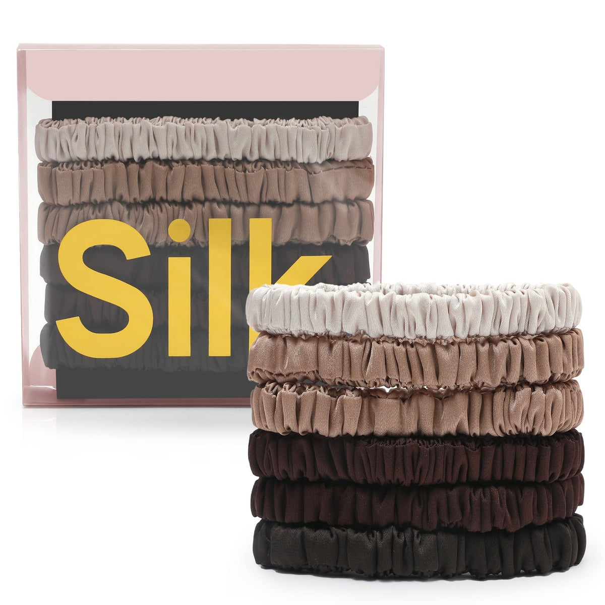 DEMAZALO silk scrunchies front packaging showing neutral colors and compact set benefit