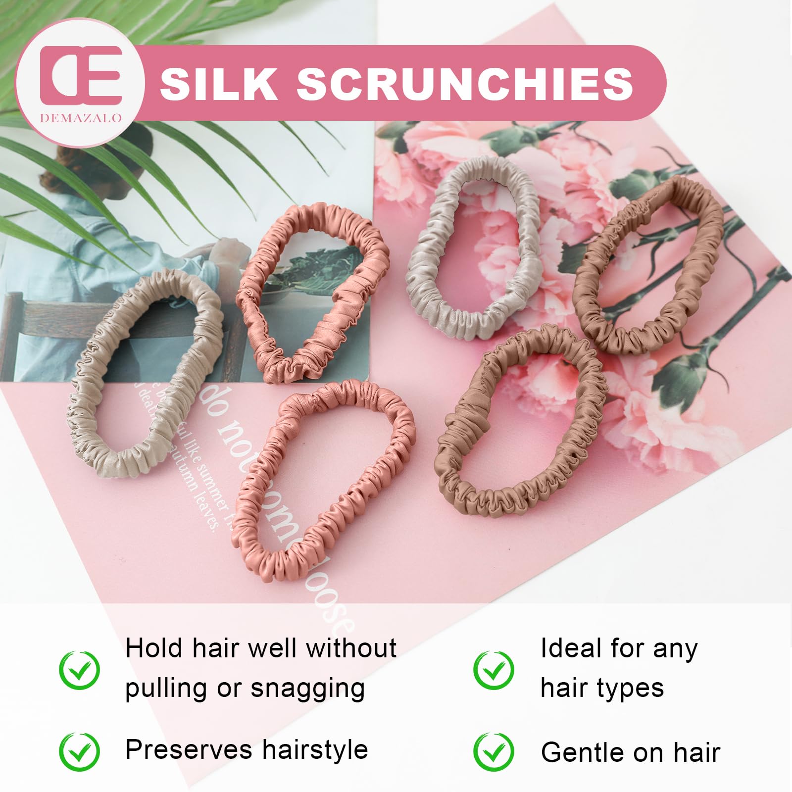 DEMAZALO open packaging with six scrunchies arranged to show included colors