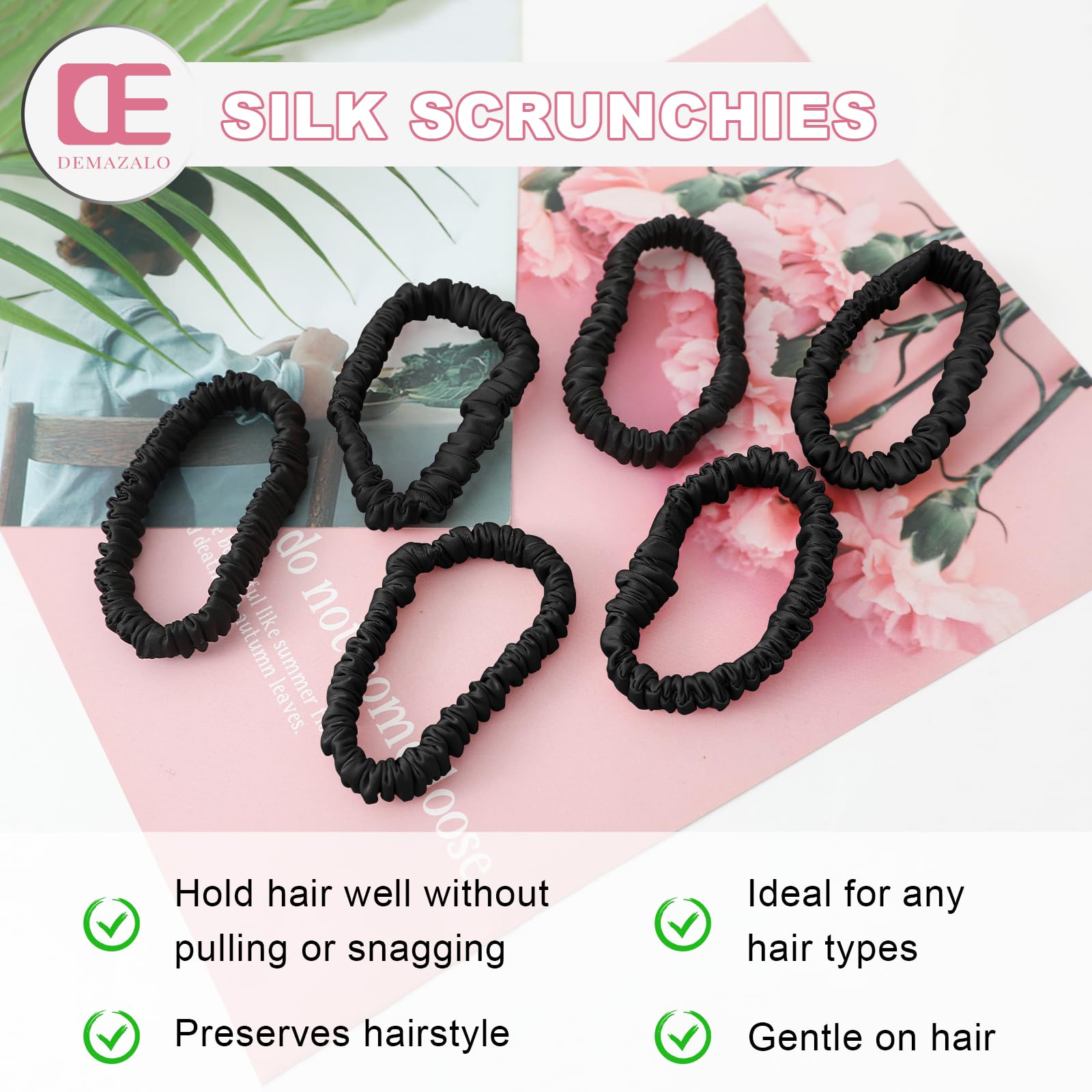 DEMAZALO scrunchie next to coin illustrating compact size and travel-friendly convenience