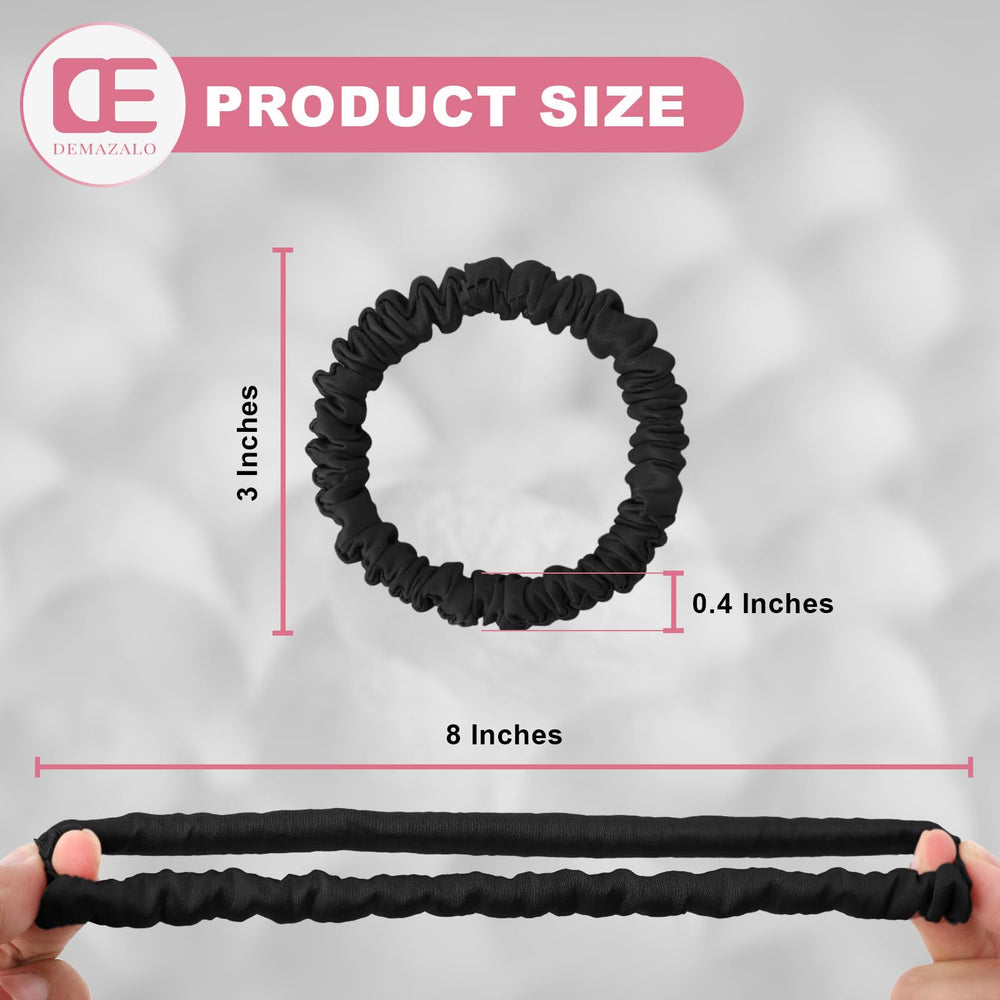 DEMAZALO stacked on wrist demonstrating slim scrunchies for comfortable everyday wear