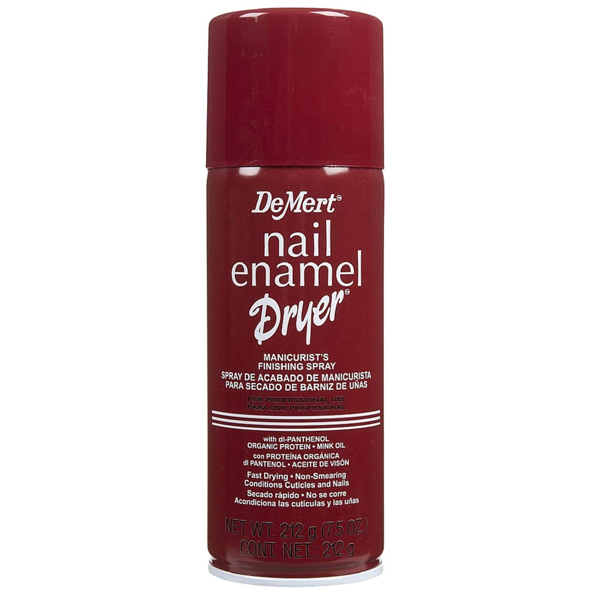 Demert front can packaging showing spray, speeds drying and conditions nails