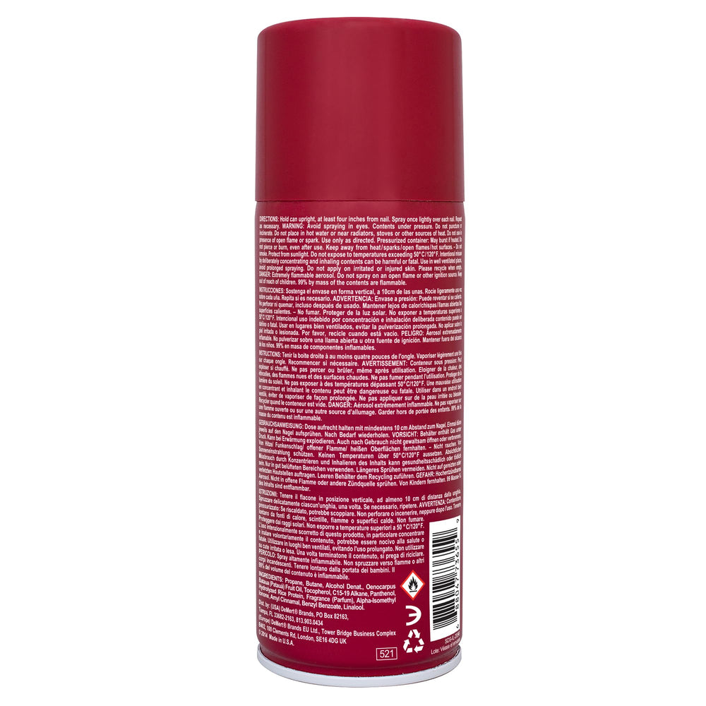 Demert nail enamel dryer spray in use over polished nails, prevents smudges