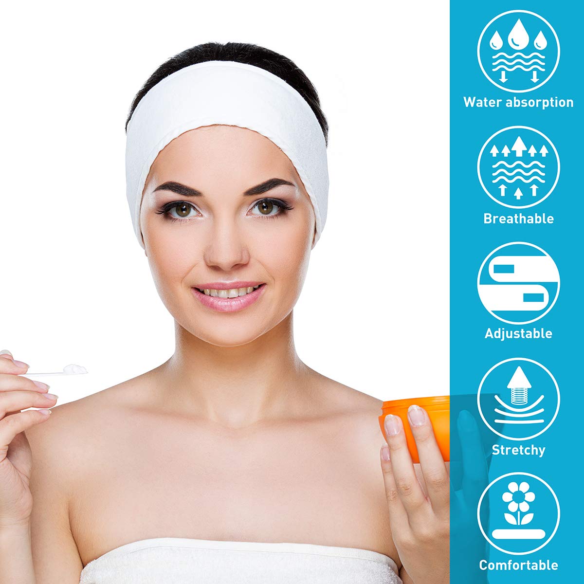 Denfany headband in shower environment demonstrating absorbency and stay-put benefit