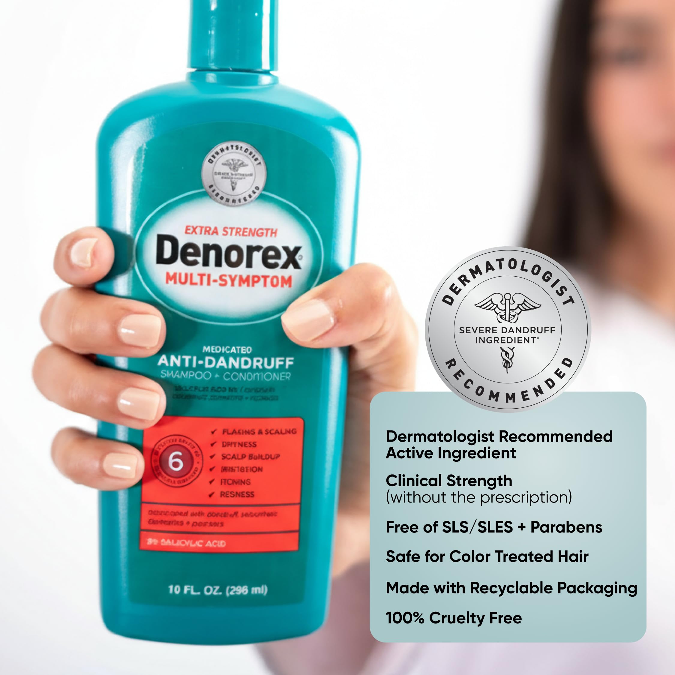 Denorex 10 oz held in hand showing compact size and portability