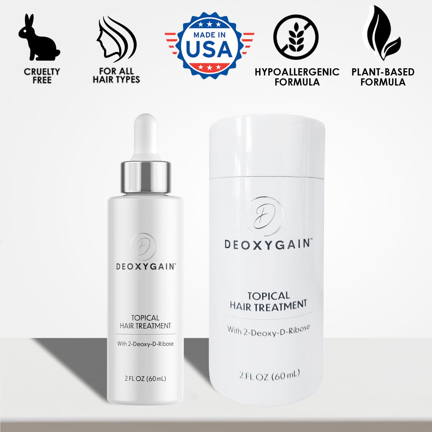 Deoxygain bottle held in hand to show 2 fl oz size and monthly supply