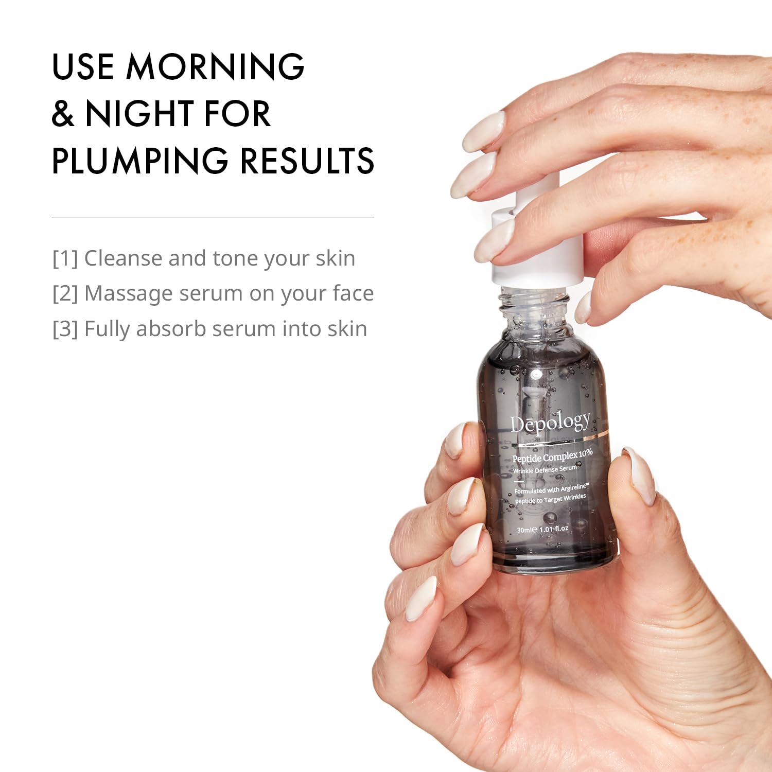 depology applied to forehead demonstrating targeted wrinkle smoothing benefit