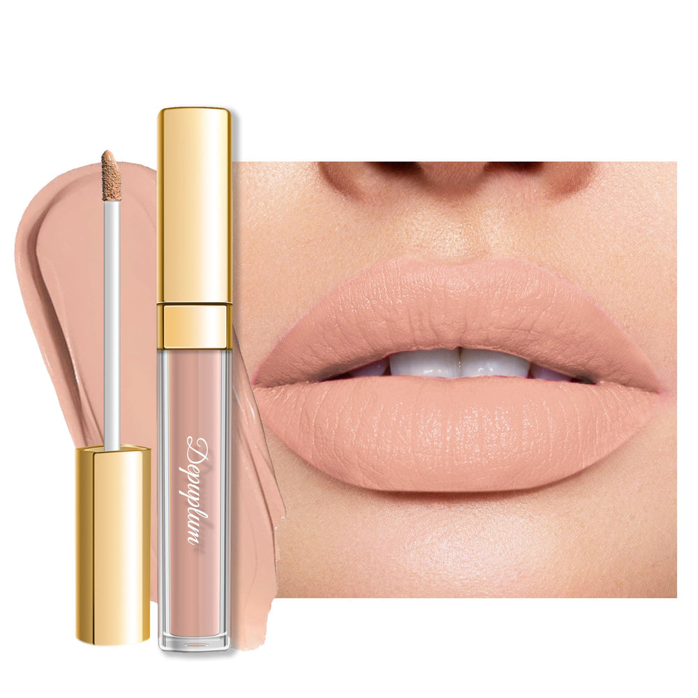 Depuplum front packaging showing apricot nude shade and benefit: everyday matte