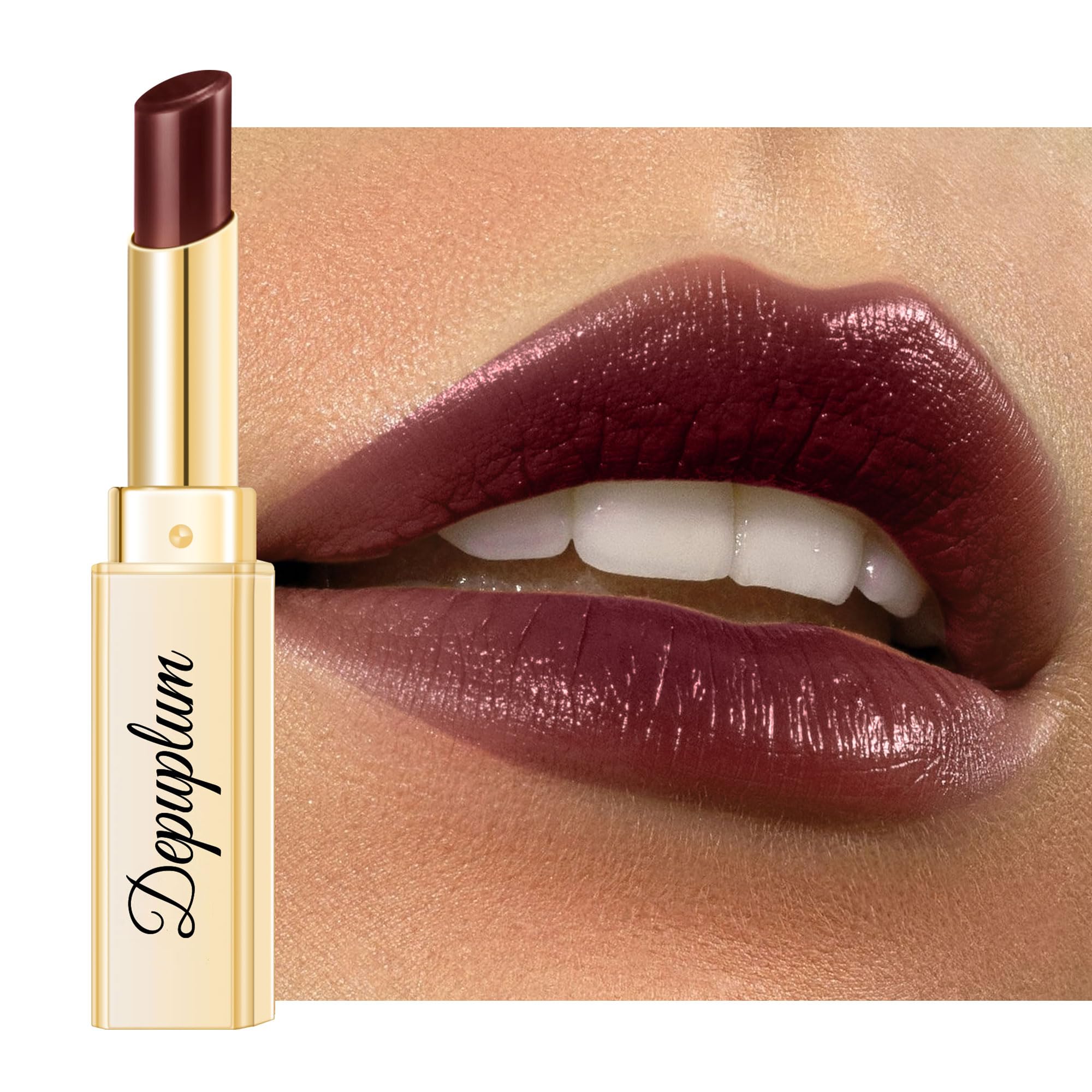 Depuplum dark brown lipstick front packaging showing sleek tube and shade