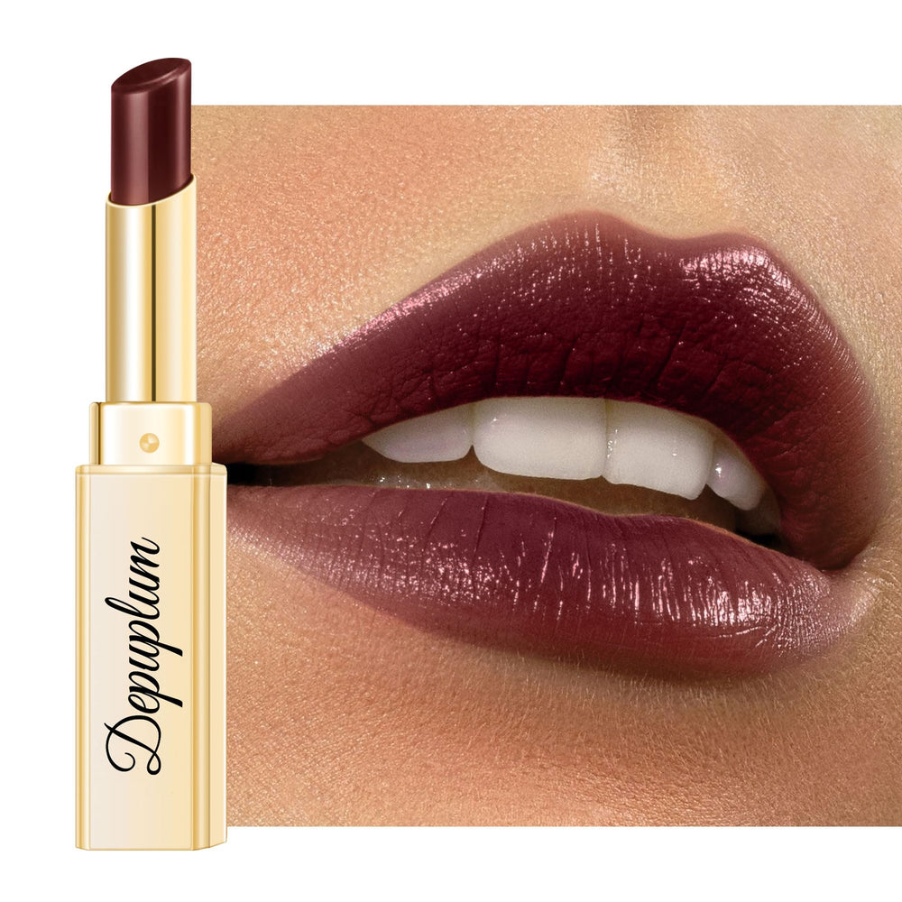 Depuplum dark brown lipstick front packaging showing sleek tube and shade