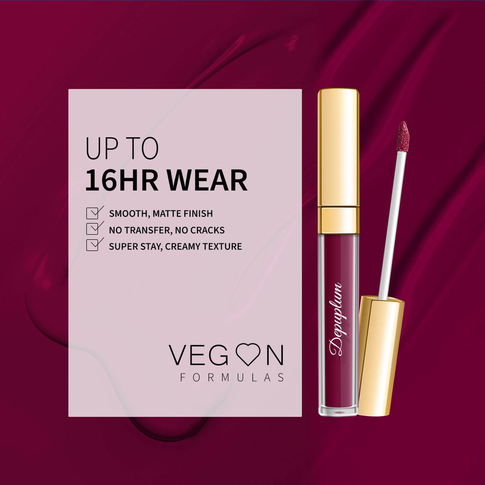 Depuplum on model smiling showing long‑lasting color and natural finish