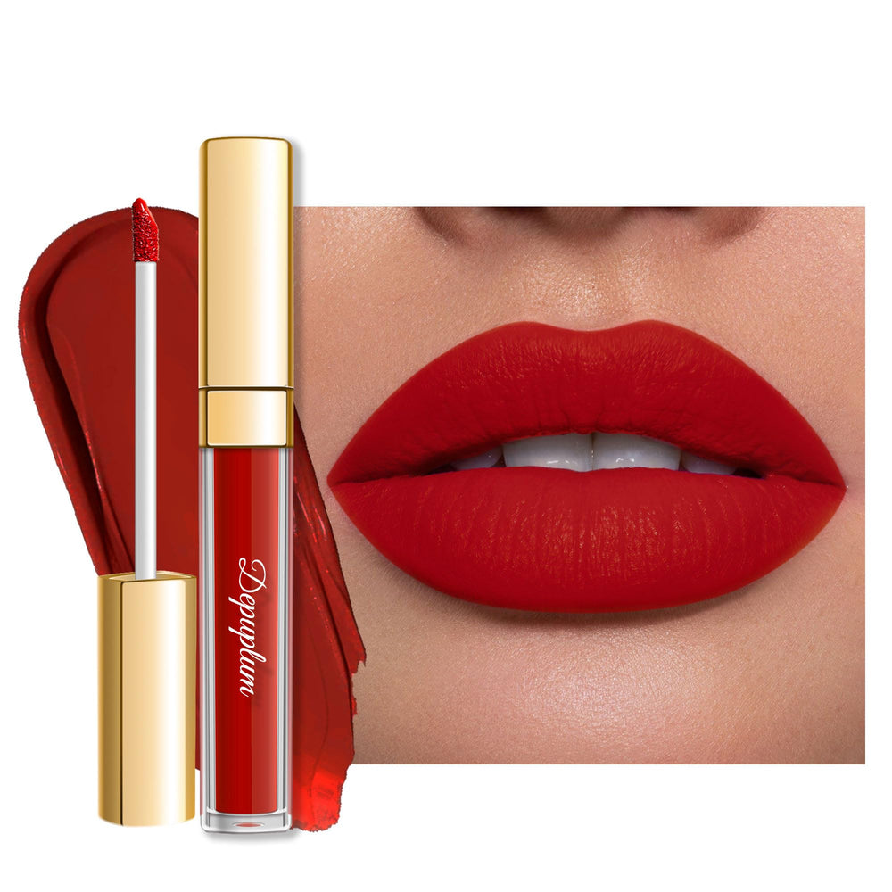 Depuplum DM05 front packaging showing bold red shade and branding benefit long wear