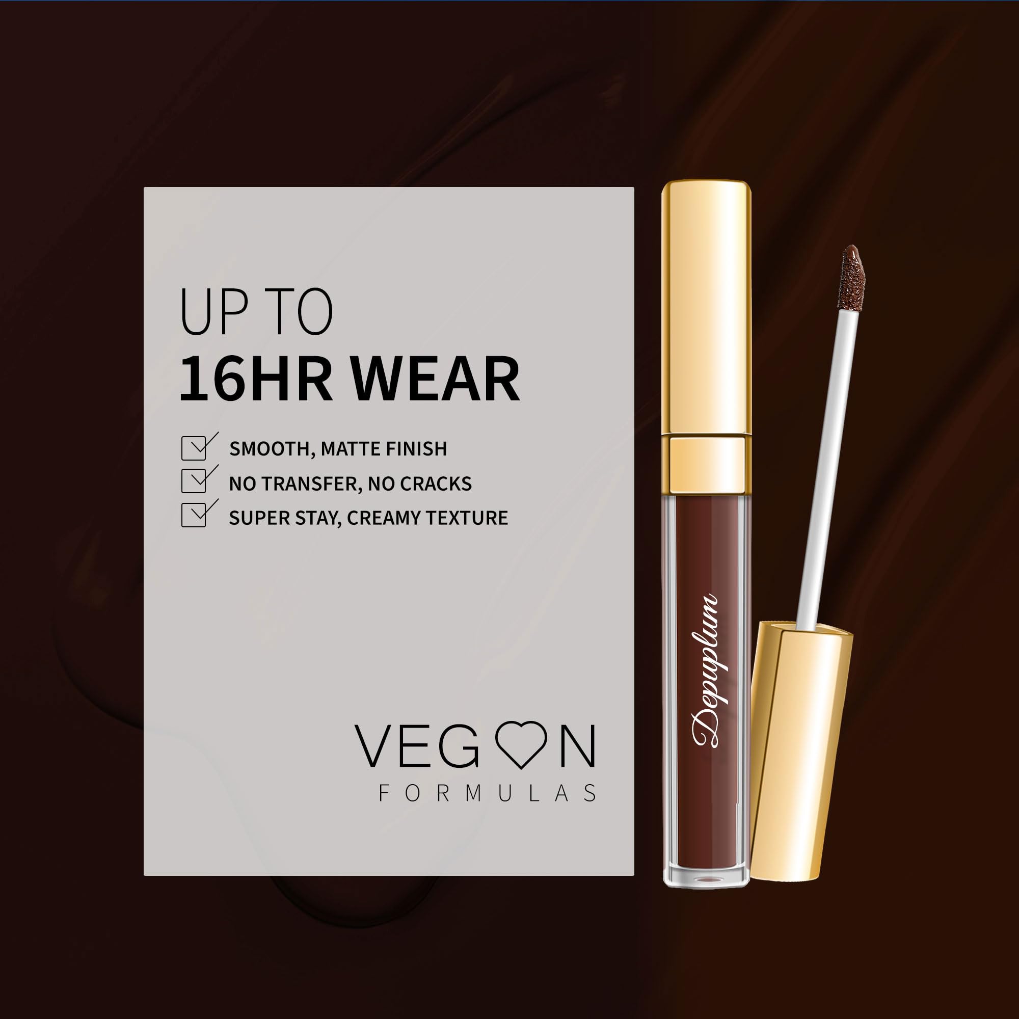 Model wearing Depuplum DM15 Chocolate showing long-lasting matte finish