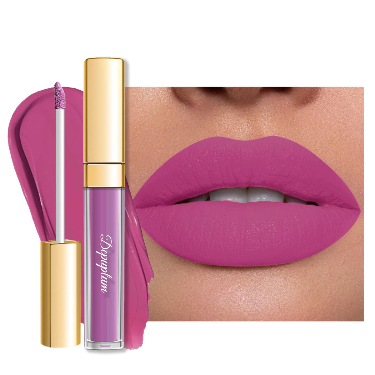 Depuplum DM21 front packaging showing pearl purple shade and matte finish benefit