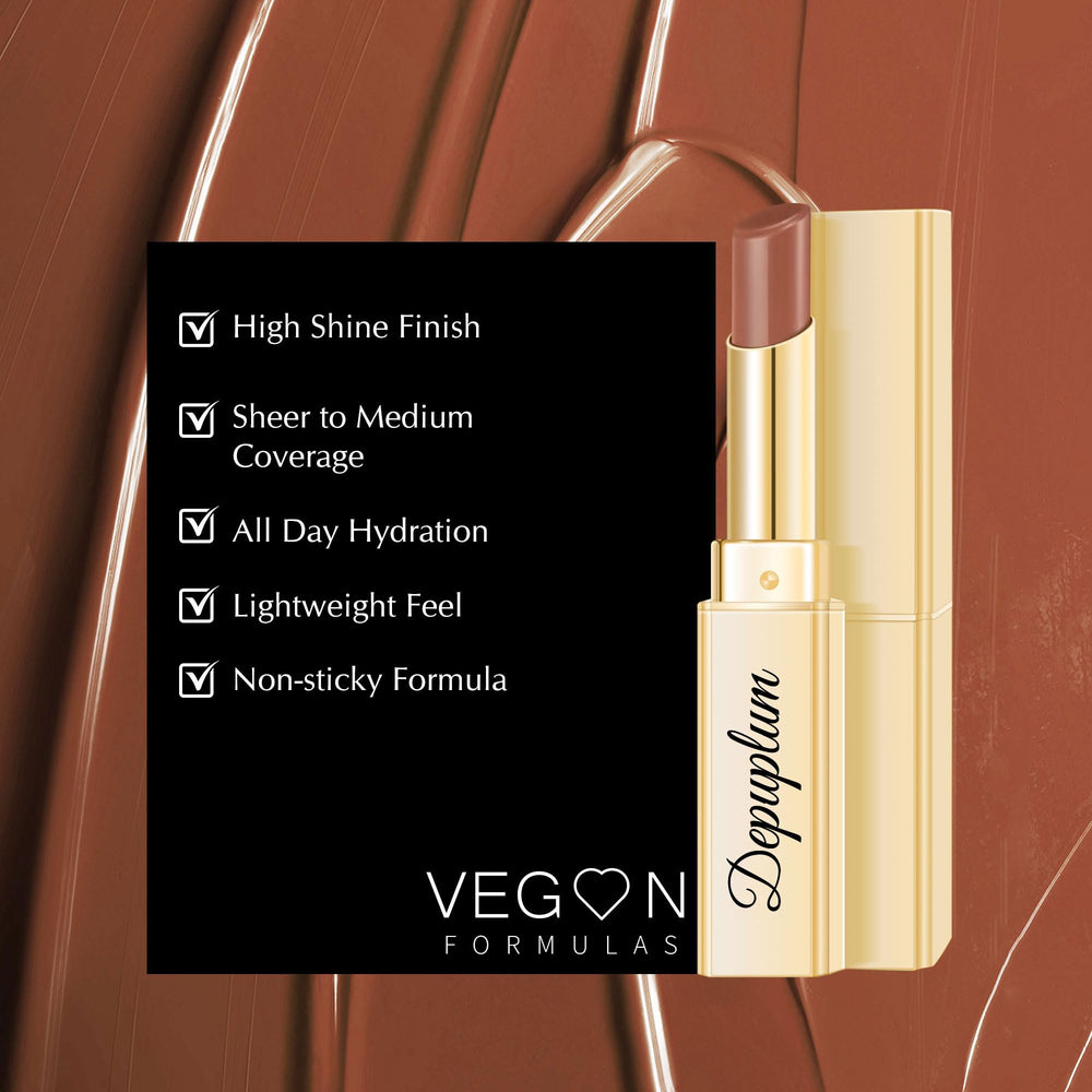 Depuplum DM72 lip application on model showing natural glossy brown enhancement