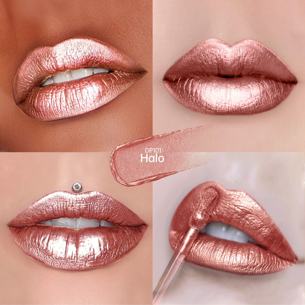 Depuplum swatch on forearm showing true Halo nude metallic payoff