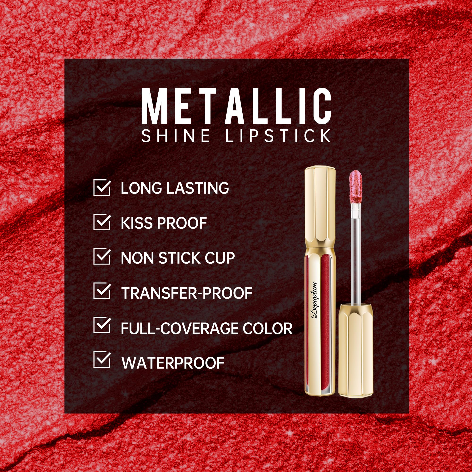Depuplum DP104 on model lips demonstrating bold metallic finish and long-wear effect