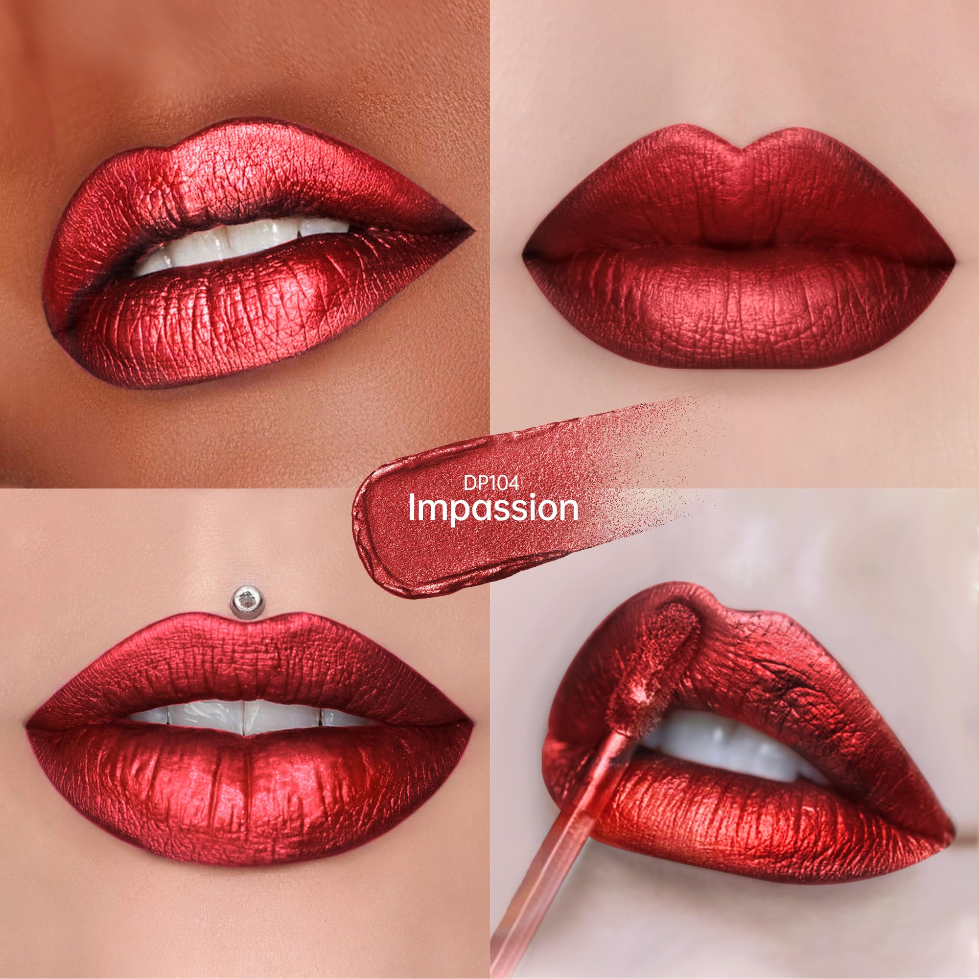 Depuplum DP104 swatch on arm showing dark red metallic payoff for color reference